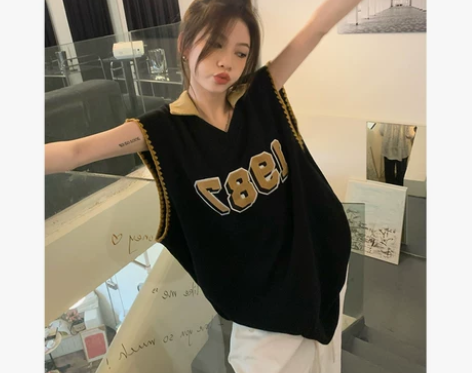 【99价】美式复古刺绣V领背心T恤女202...