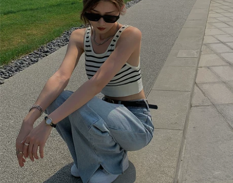 Luxunxi鹿寻溪针织条纹吊带背心女夏2...