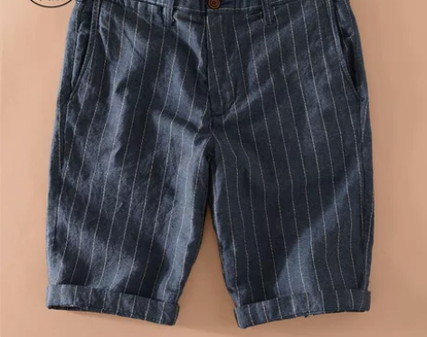 日系条纹沙滩休闲亚麻短裤男宽松麻料夏天薄款...