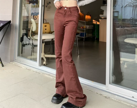 温姗高腰微喇牛仔裤女2021春秋新品直筒宽...