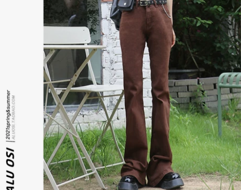 欧美风棕色牛仔裤女微喇叭设计感小众弹力高个...