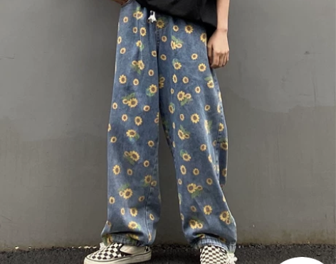 裤子女夏季韩版ins复古雏菊水洗牛仔裤宽松...