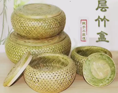 竹制纯手工编织双层竹盒竹编篮子鸟巢型竹筐水...