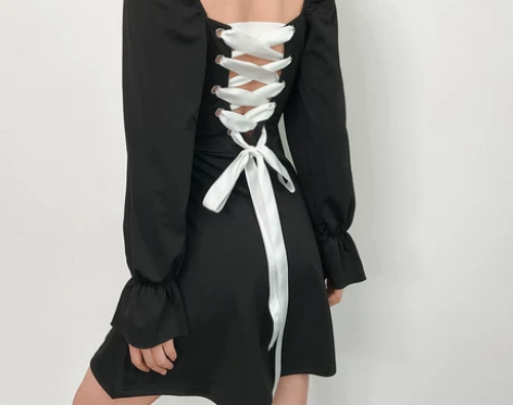 法式复古宫廷后背交叉绑带美背方领小心机连衣裙女收腰显瘦长裙...