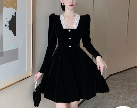 高级感生日礼服小黑裙法式气质小个子收腰蓬蓬...