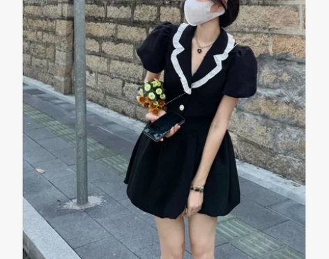 黑色泡泡袖连衣裙女夏季新款法式复古小个子别...