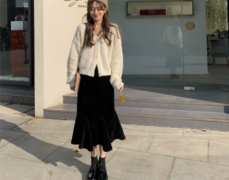 最小的海 韩版半身裙秋冬女灯芯绒a字鱼尾裙...