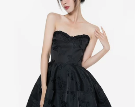 小众高级感抹胸一字肩收腰礼服黑色小黑裙短款...