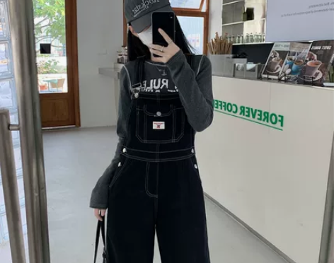 盐系高腰牛仔背带裤女2023春秋宽松显瘦黑...