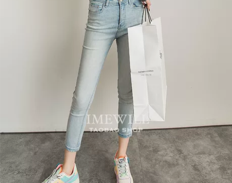 浅蓝色九分牛仔裤女修身显瘦弹力中高腰小脚裤...