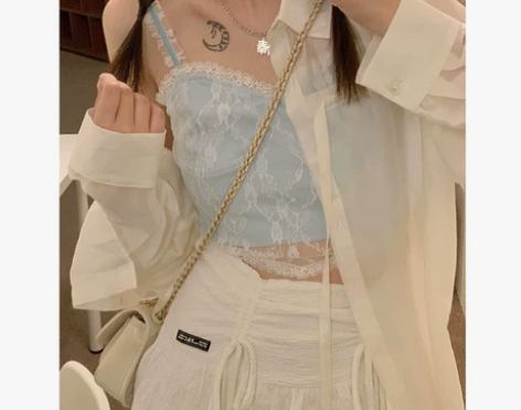 財哥不熬夜蓝色蕾丝吊带背心辣妹上衣女夏季外...
