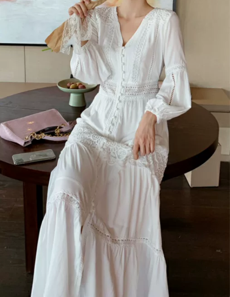 夏季白色长裙V领复古法式仙女裙子收腰显瘦