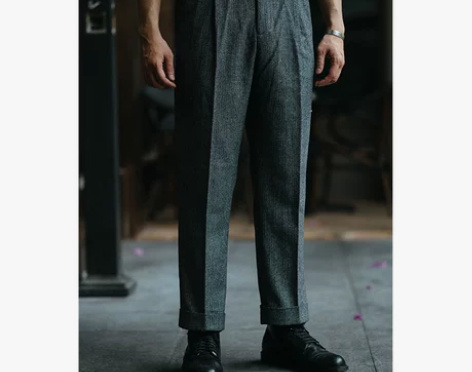 复古单褶羊毛巴黎扣长裤子 秋冬商务英伦粗花...