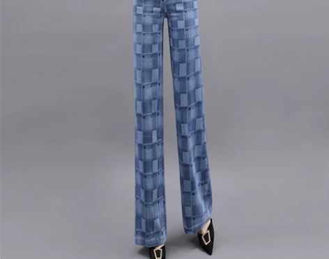 2022年秋季新款高腰直筒裤宽松格子牛仔裤...