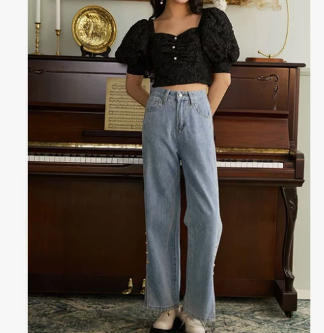 Ins 牛仔裤女百搭高腰水洗直筒裤韩版宽松...