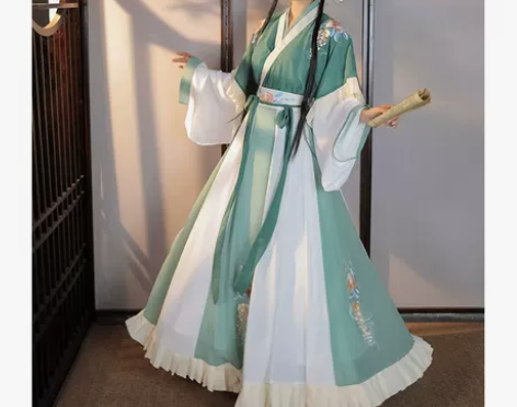 柒邑原创阑珊汉服女晋制交领半袖齐腰襦裙绣花...