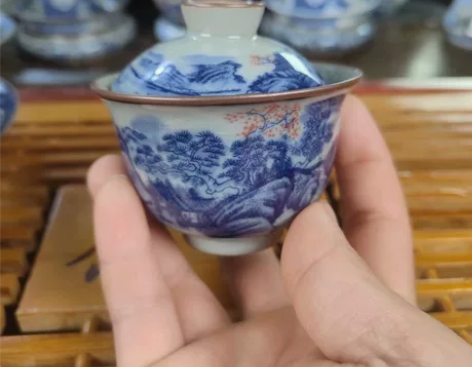景德镇青花山水盖碗,江南水乡,老陶泥开片釉...