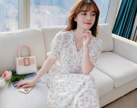 2022夏季新款淑女甜美气质收腰显瘦V领短...
