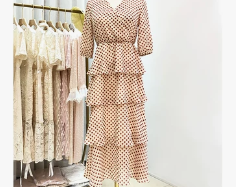 雪纺连衣裙女夏季减龄遮肚中长款波点蛋糕裙气...