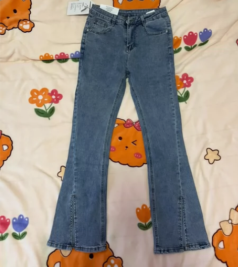 蓝色牛仔喇叭开衩裤 M码 穿110斤 59...