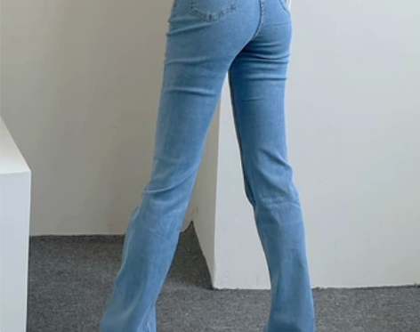 浅蓝色复古喇叭牛仔长裤女高个子显瘦高弹紧身...