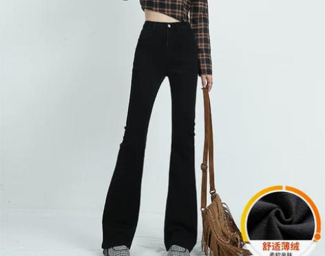 黑色微喇牛仔裤女秋冬小个子显瘦马蹄加绒高腰...