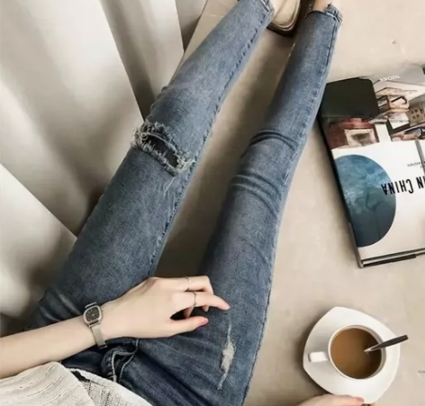 大码胖mm200斤港味chic破洞牛仔裤女...