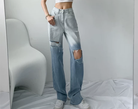 渐变破洞牛仔裤女春秋2021年新款高腰阔腿...