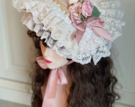 复古bnt波奈特帽粉色lolita蕾丝系带...