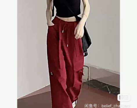 lztz红色个性设计感裤子ins潮女生宽松...