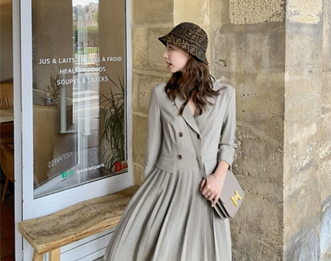 【夏诗文】SHWIN气质双排扣连衣裙女秋季...