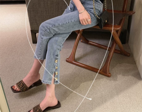 郭郭定制 蓝色微喇高腰牛仔裤女直筒裤春夏季...