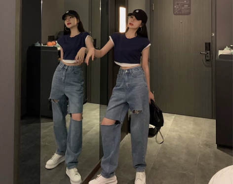 破洞直筒牛仔裤女宽松阔腿泫雅夏季潮割破显高...