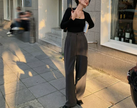 午后商店◆毛呢高腰直筒宽松休闲西装裤女秋冬...