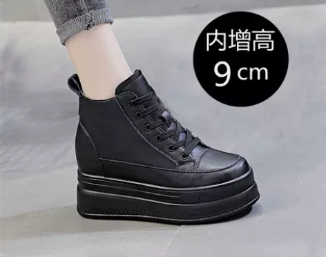 内增高鞋 板鞋内增高黑色超火高帮鞋女冬天加...