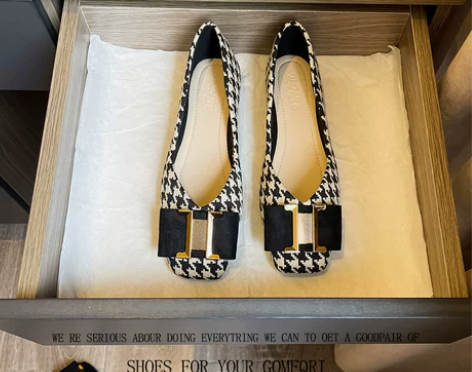 千鸟格单鞋女平底浅口秋冬2023年新款春季...