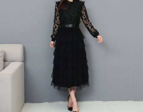 春季新款女装气质修身显瘦中长款网纱蛋糕裙连...