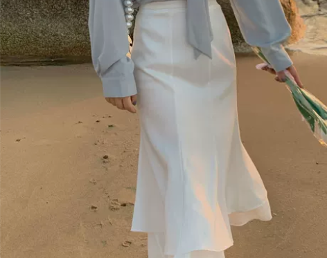 佐佐家小个子 白色不规则鱼尾裙春季新款高腰...