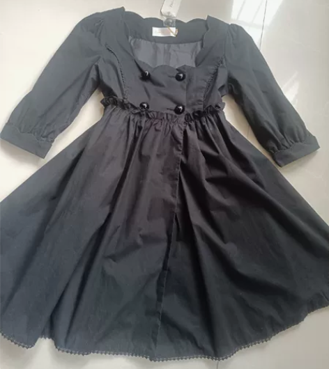 薇媛女黑色纯棉连衣裙方领水波纹可爱淑女风 ...