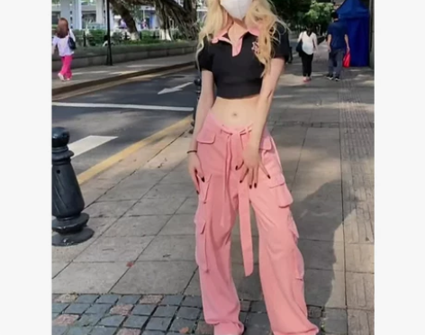 美式街头复古粉色设计感工装裤女夏季高腰多口...