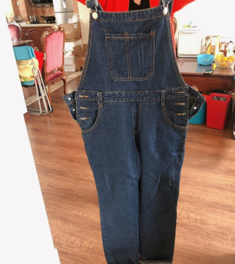 背带牛仔裤,深蓝色,xl码,穿过一次,很新...