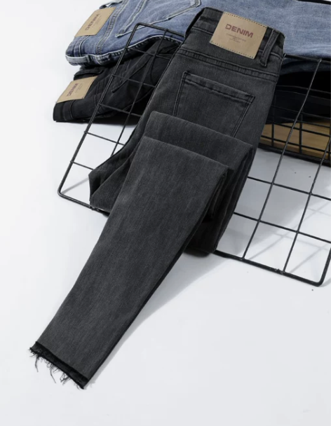 高腰牛仔裤 高腰牛仔裤小脚裤2022春秋烟...