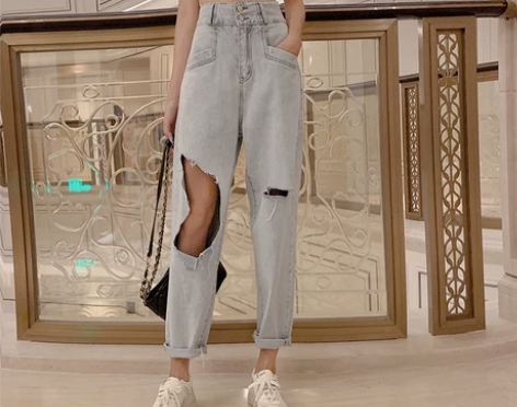 夏季新款韩版做旧chic高腰破洞九分裤宽松...