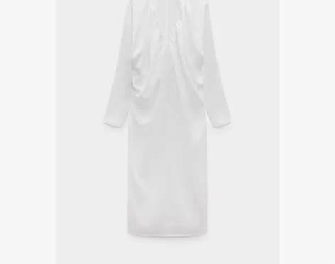 ZARA夏季新款 女装 白色打褶装饰长连衣...
