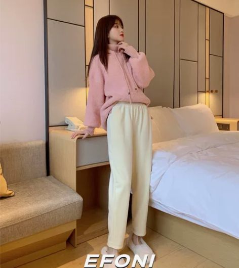 EFONI 米白色加绒显瘦哈伦萝卜休闲裤女...