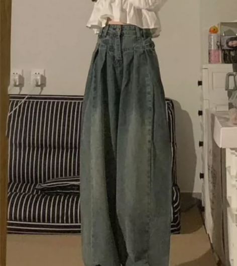 港风复古高腰直筒牛仔裤女装春季ins新款宽...