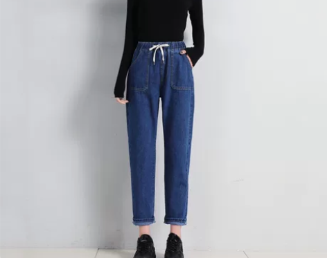 松紧腰牛仔裤女春秋款高腰休闲潮显瘦小个子直...
