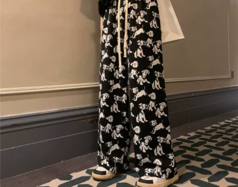狗狗印花高腰阔腿裤女夏季薄款2022年新款...