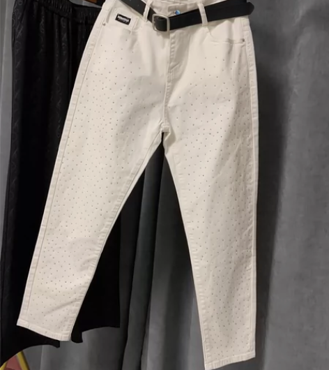 简约休闲女士欧货白色高腰宽松显瘦老爹哈伦弹...