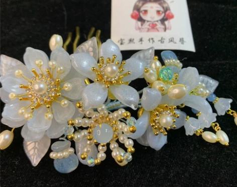 原创#浅蓝银粉茉莉发梳#汉服发饰#古风百搭...